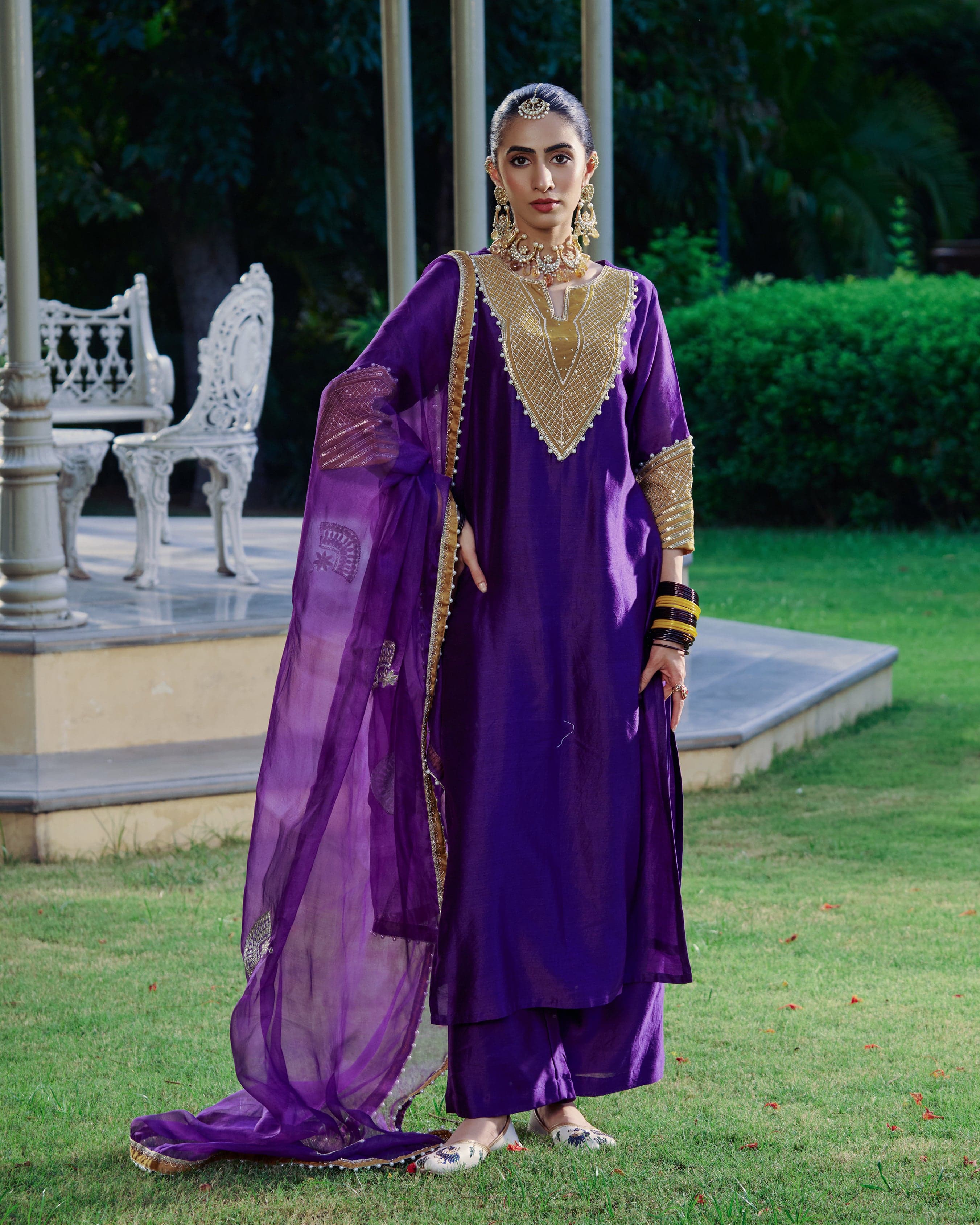 Ambika Purple Embroidered Chanderi Suit Set, Suit Sets from Sudhaga