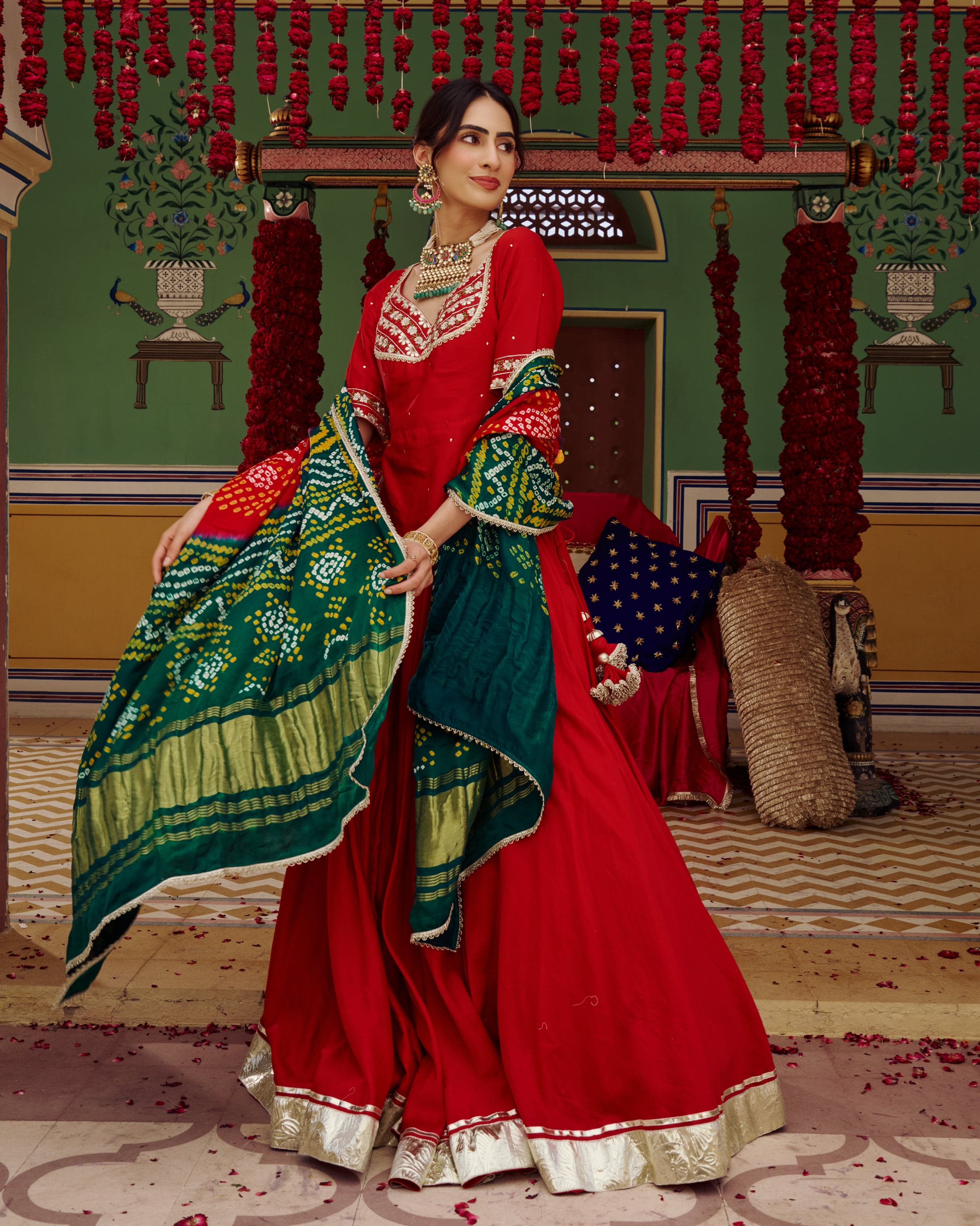 Anuroop Red Embroidered Chanderi Lehenga Set, Lehenga Sets from Sudhaga