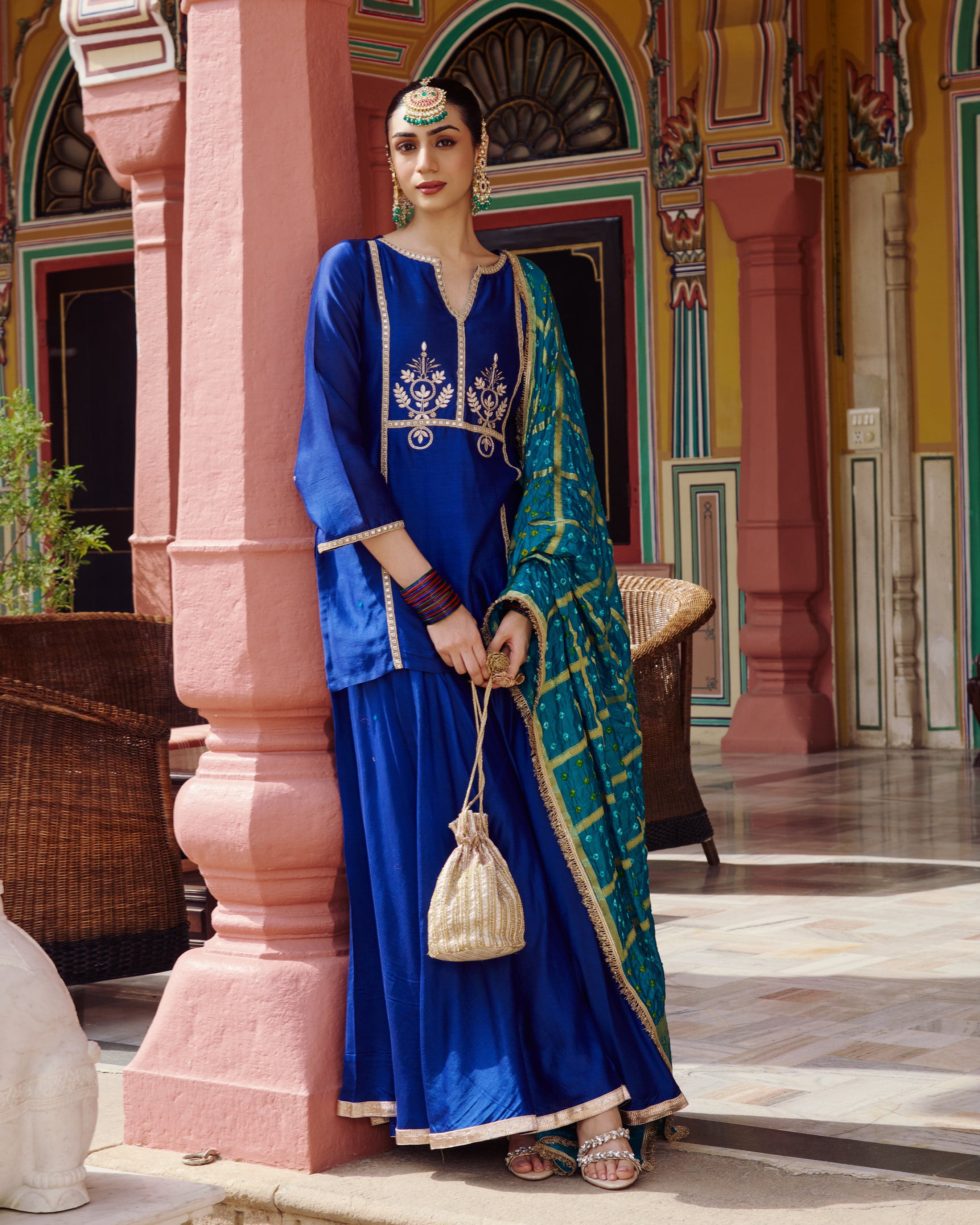 Ishani Blue Embroidered Chanderi Suit Set, Suit Sets from Sudhaga