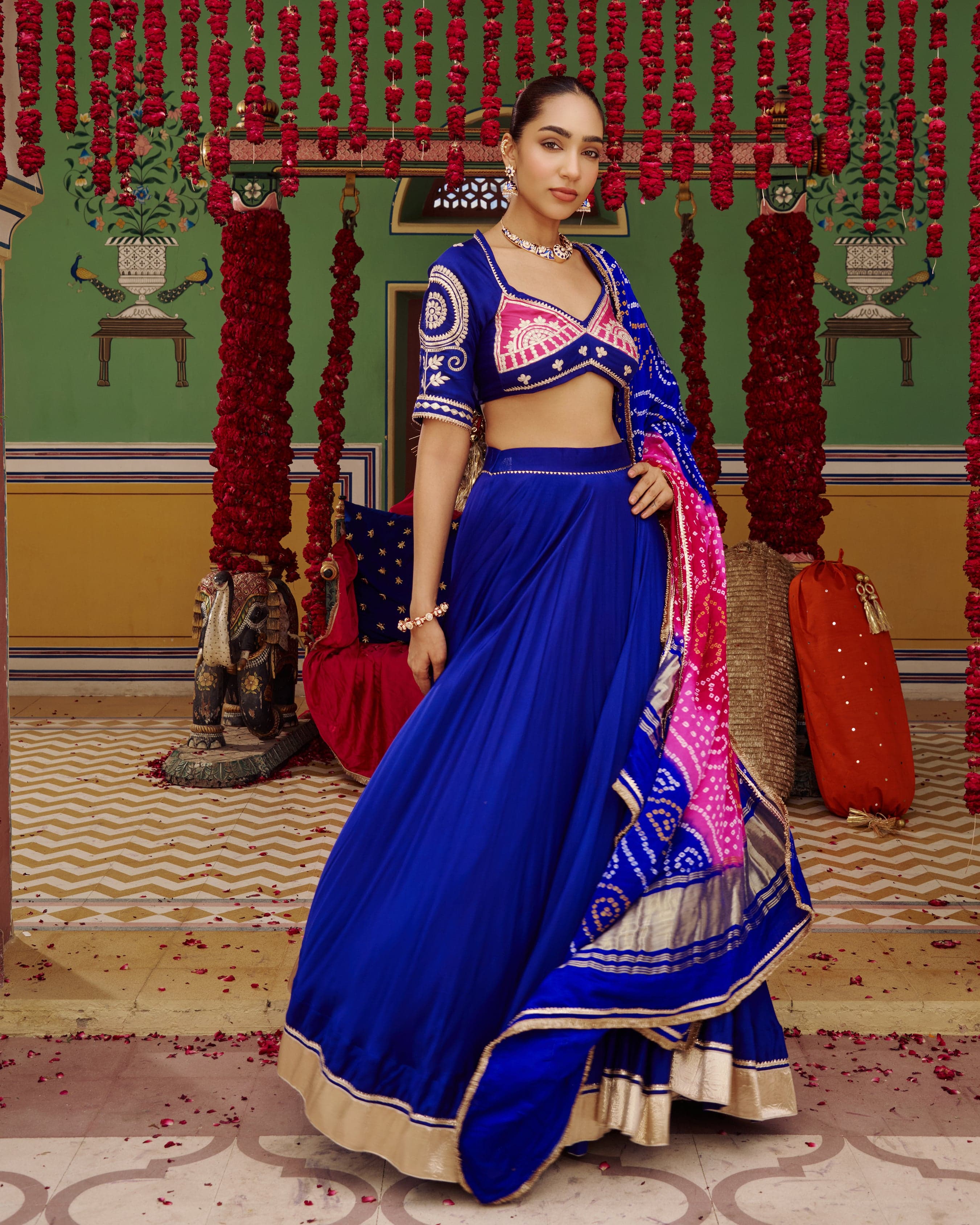 Mora Blue Embroidered Satin Lehenga Set, Lehenga Sets from Sudhaga
