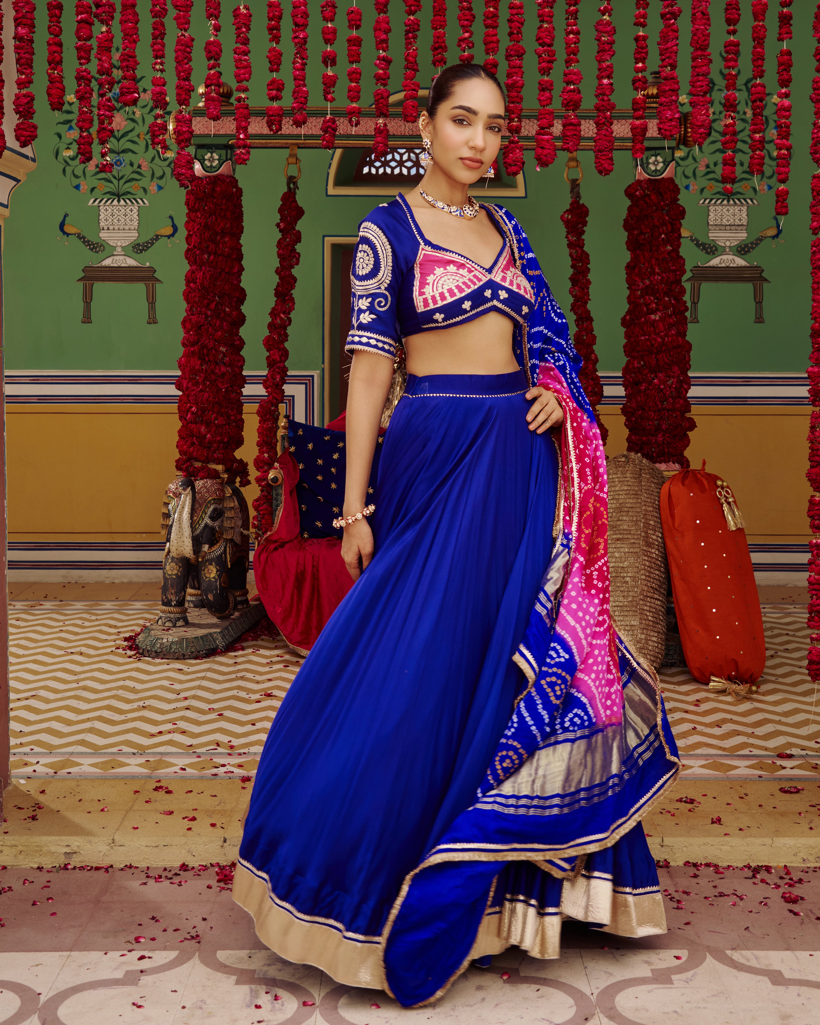 Mora blue embroidered satin lehenga set