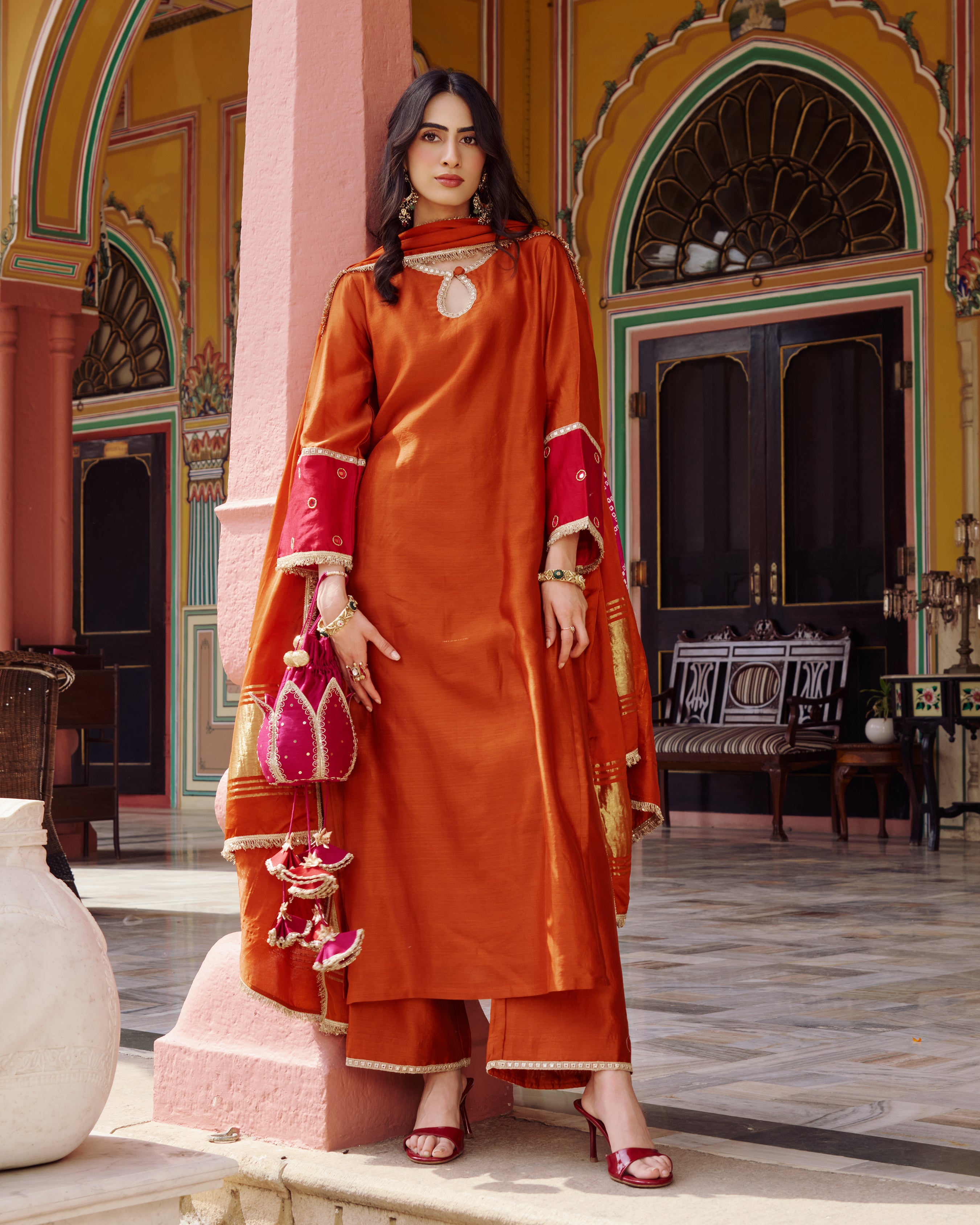 Priya orange embroidered chanderi suit set